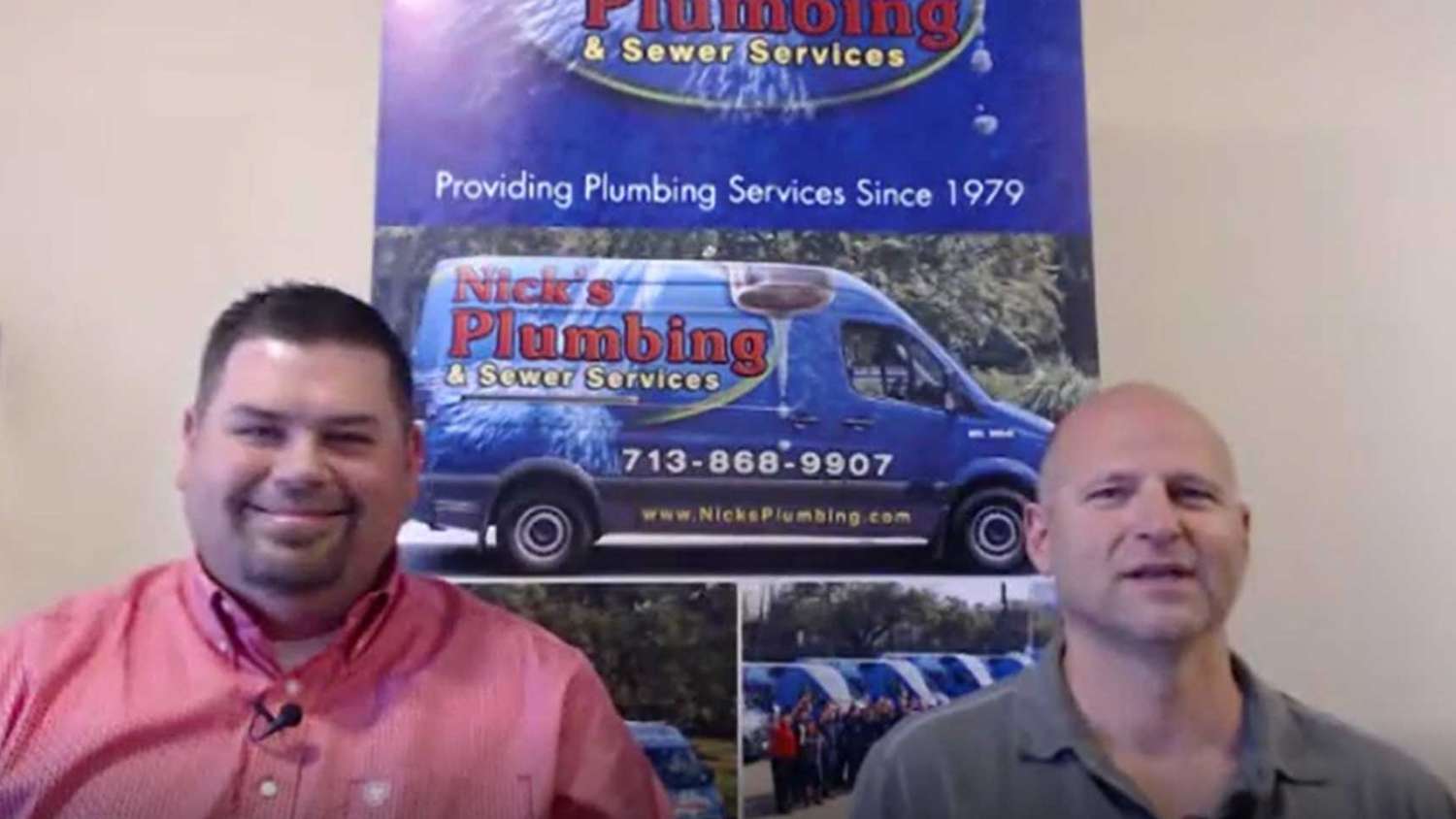 Two of Nick's Plumbing Experts in Houston Talking and Smiling