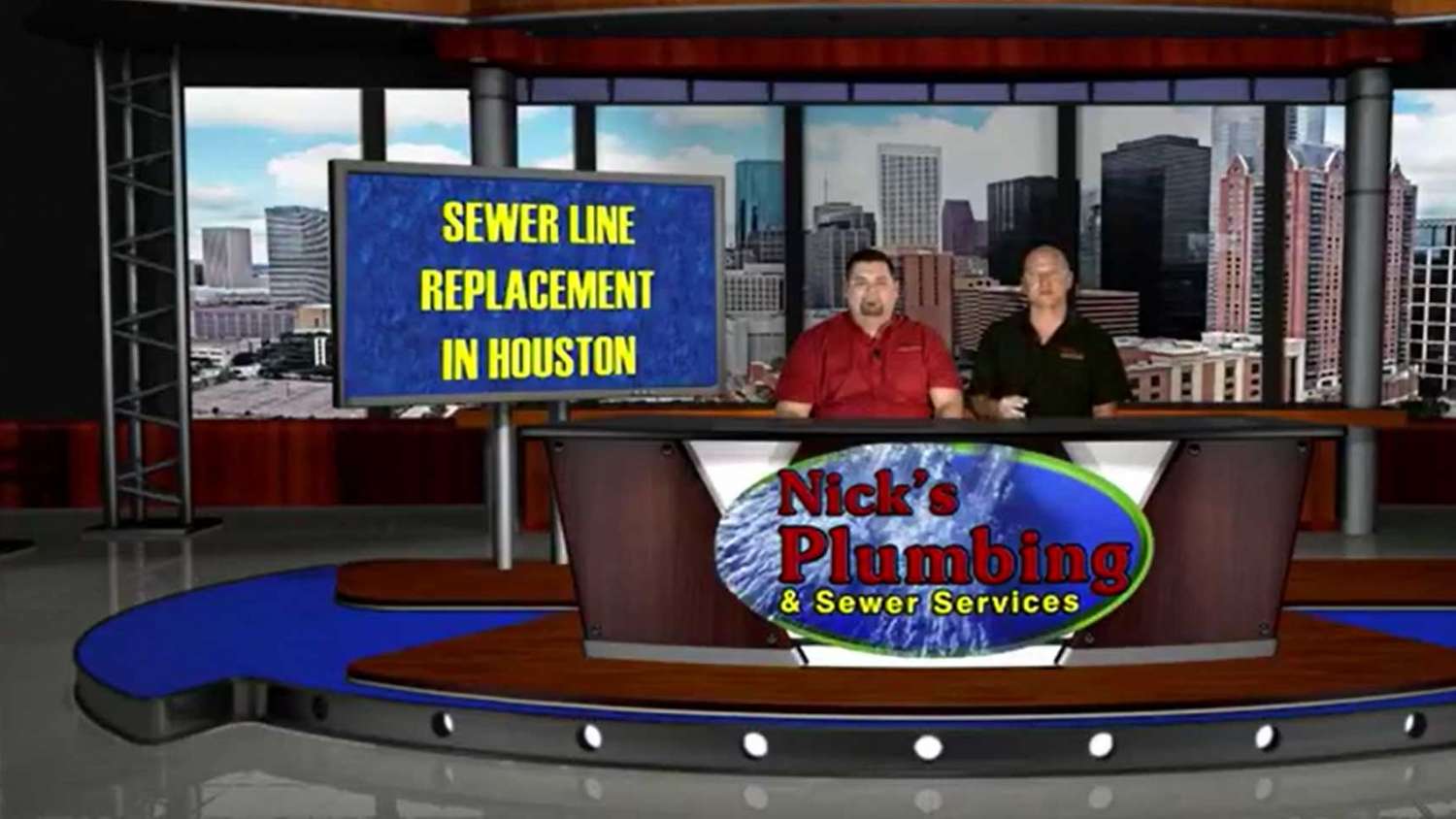 Two Experts Sitting at a News Desk in Houston Discuss Sewer Line Replacement