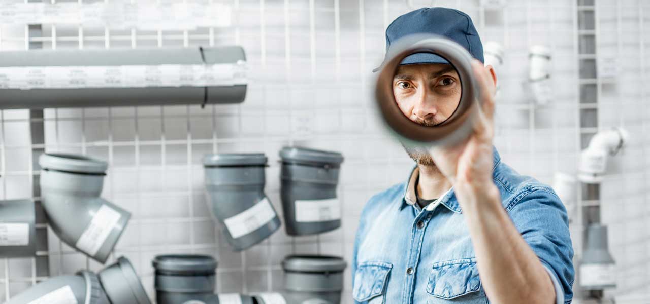 Plumber in Houston Holding Up a Large Pipe to Look Through It