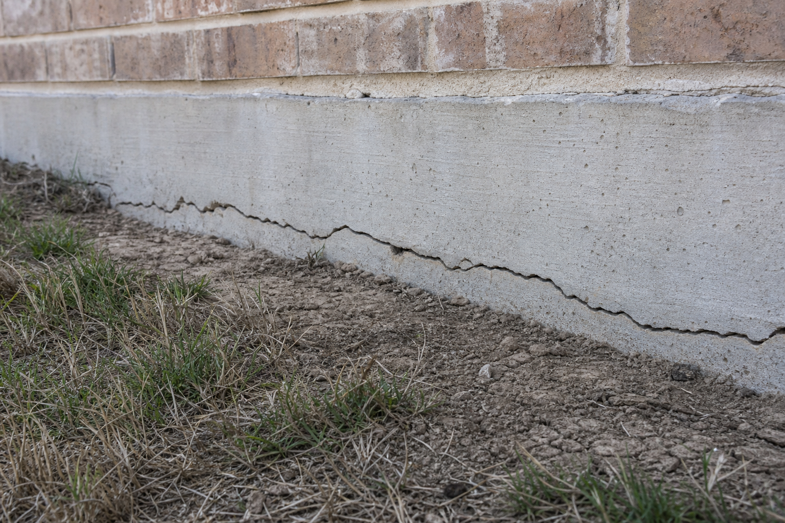 Visible crack along the base of a concrete slab foundation on a Houston home — a potential sign of soil movement from poor drainage