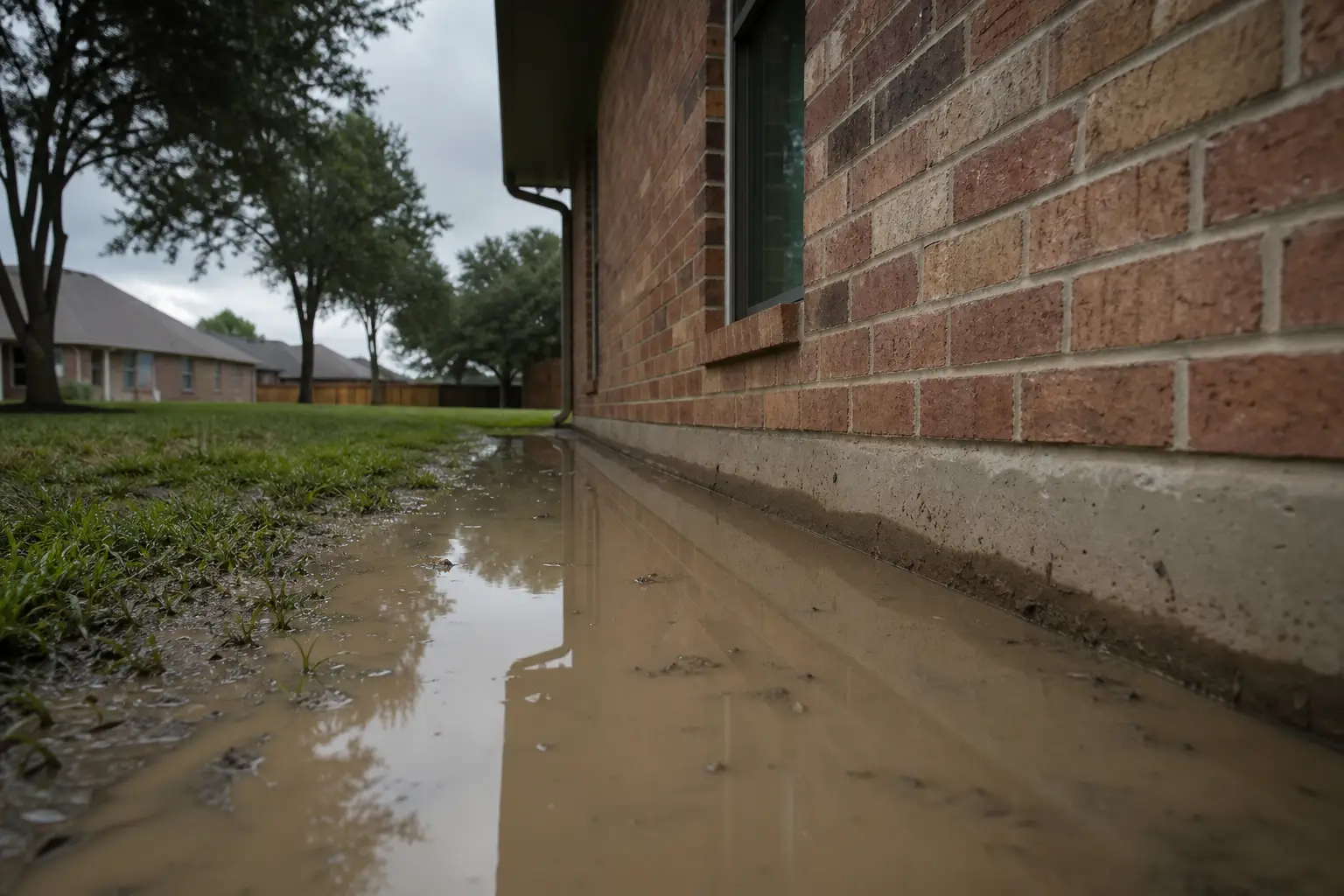 Standing water pooling against the foundation of a Houston home after heavy spring rain