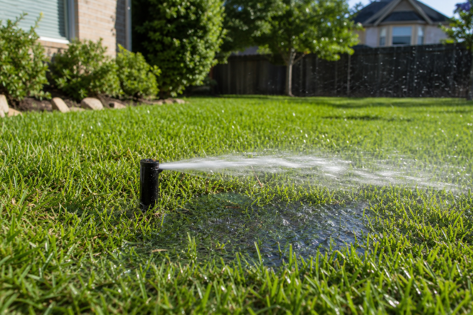 Broken lawn sprinkler head spraying water in a Houston backyard — a common hidden cause of higher spring water bills