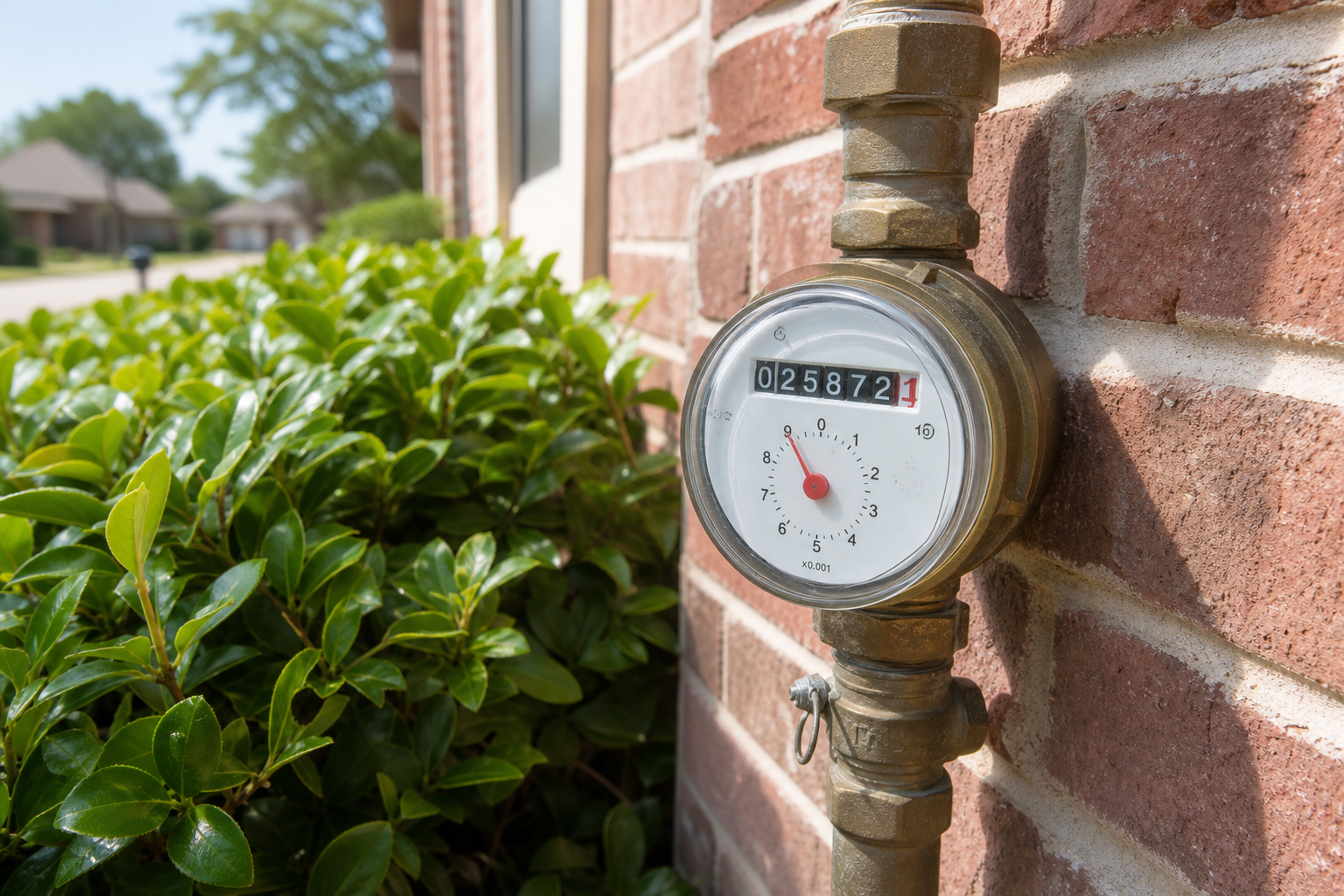 Residential water meter on the side of a Houston home — useful for checking hidden leaks when all water is turned off