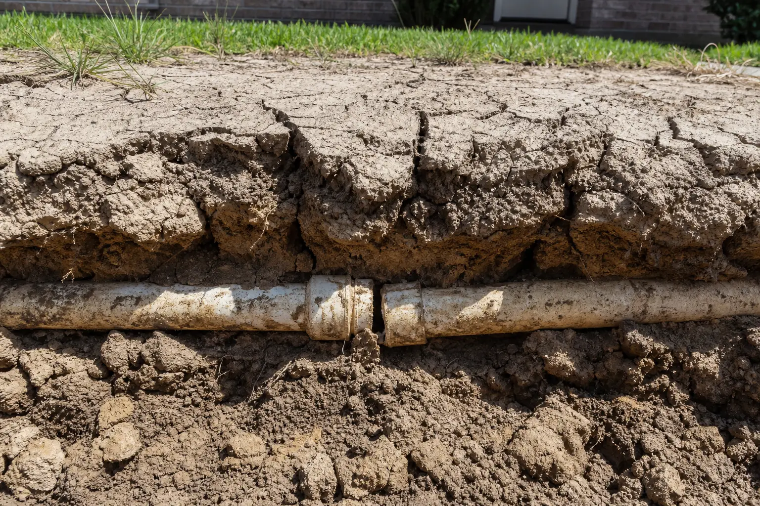 Cracked dry clay soil around an underground water pipe illustrating soil movement stress in Houston