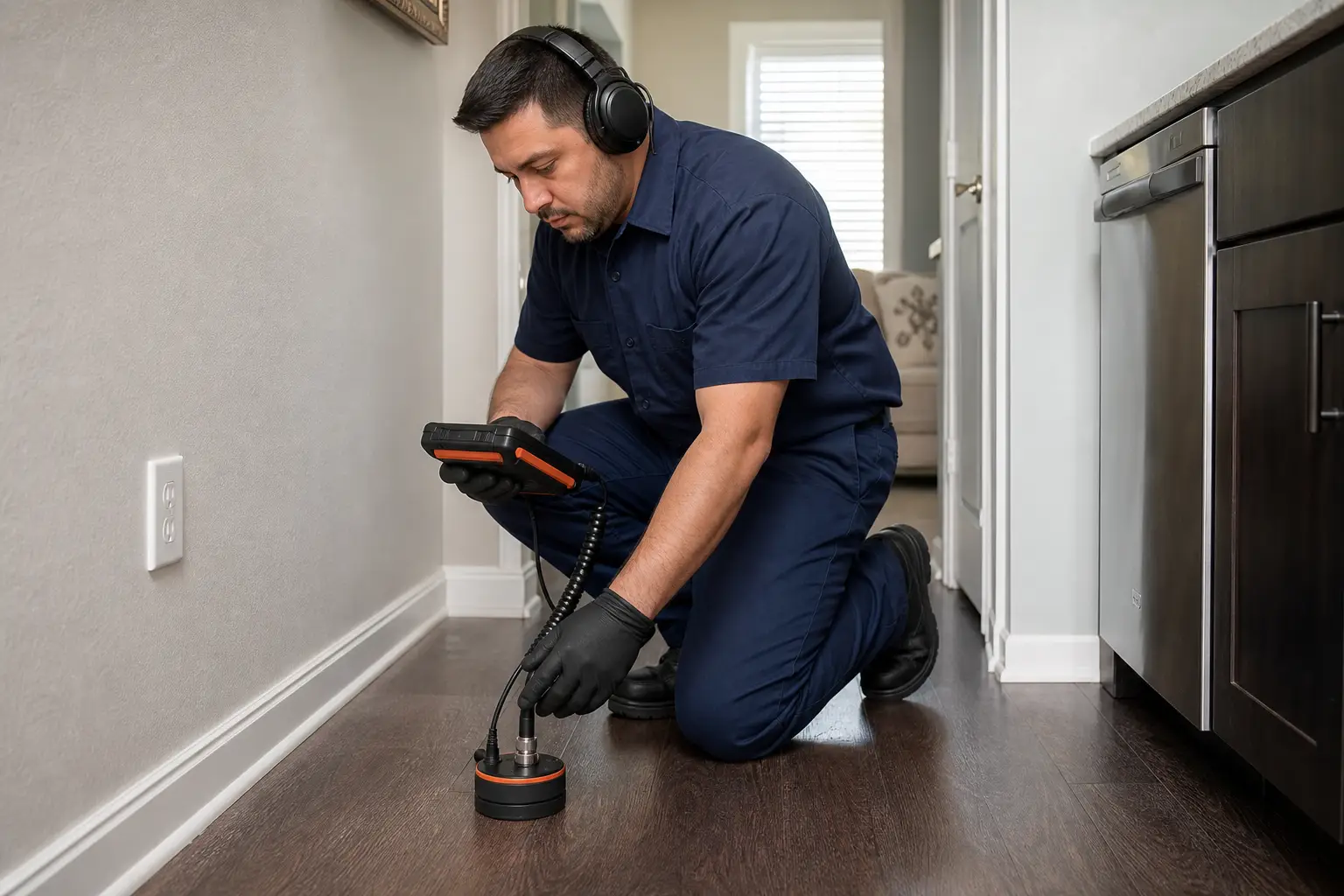 Professional plumber using electronic leak detection equipment to locate a hidden leak in a Houston home