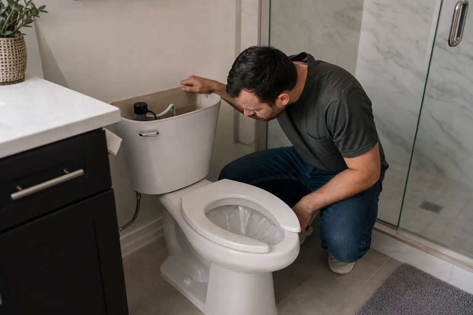 Homeowner inspecting a running toilet that wastes hundreds of gallons of water per day