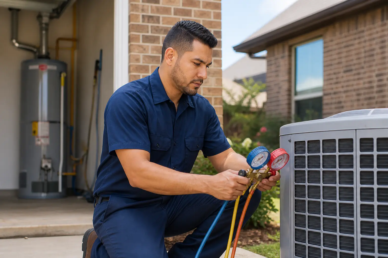 Nick's technician performing VIP AC and plumbing maintenance at a Houston home