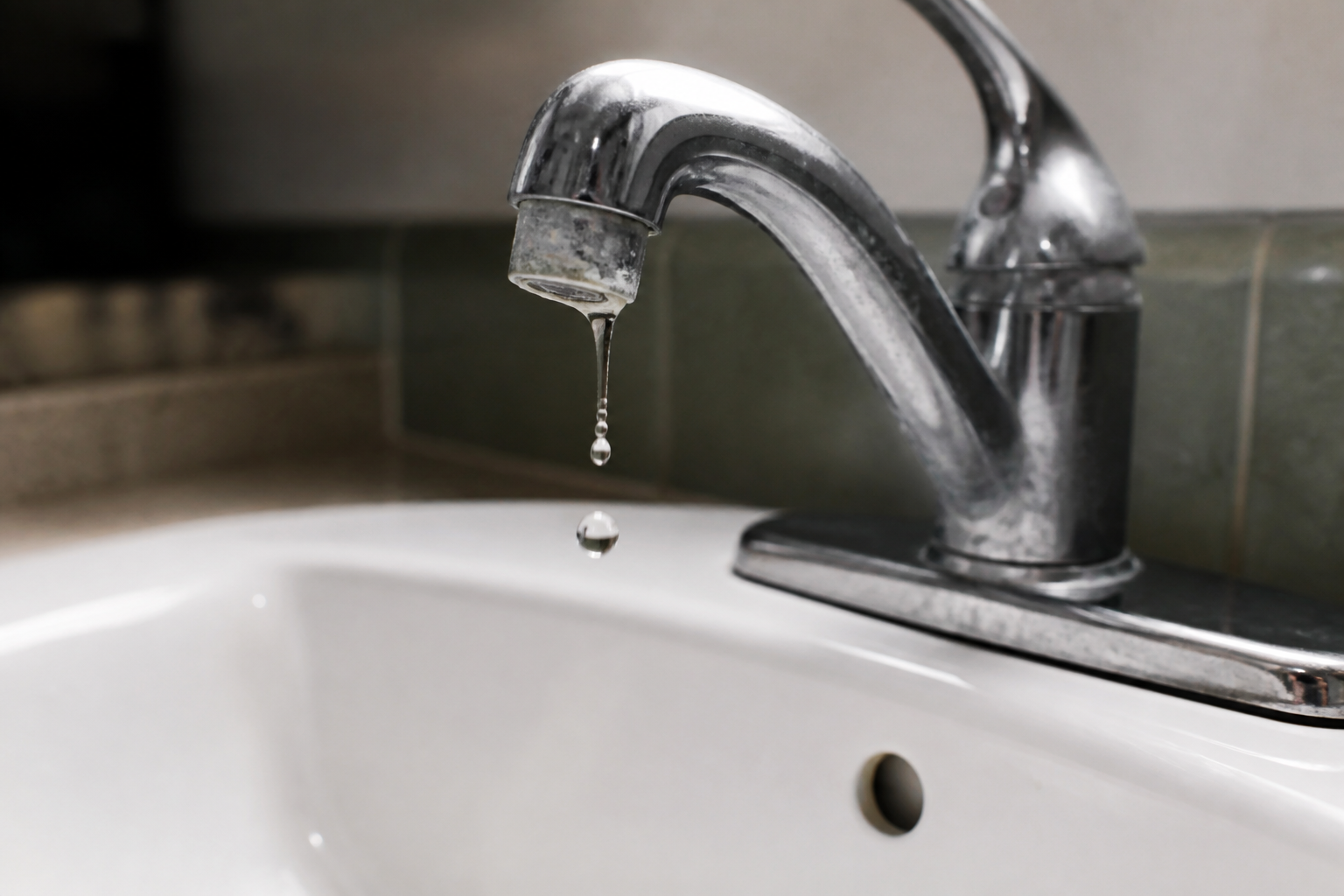 Steady faucet drip into a sink wasting water during Houston summer months