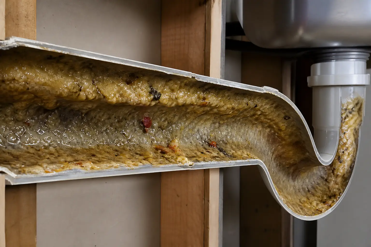 Kitchen drain pipe with grease buildup coating the interior walls after a Houston summer of cookouts