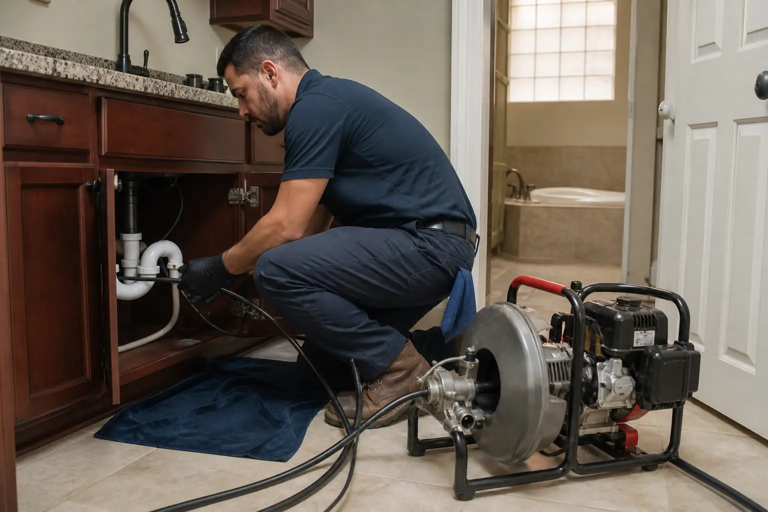 Licensed plumber performing professional drain cleaning service in a Houston home