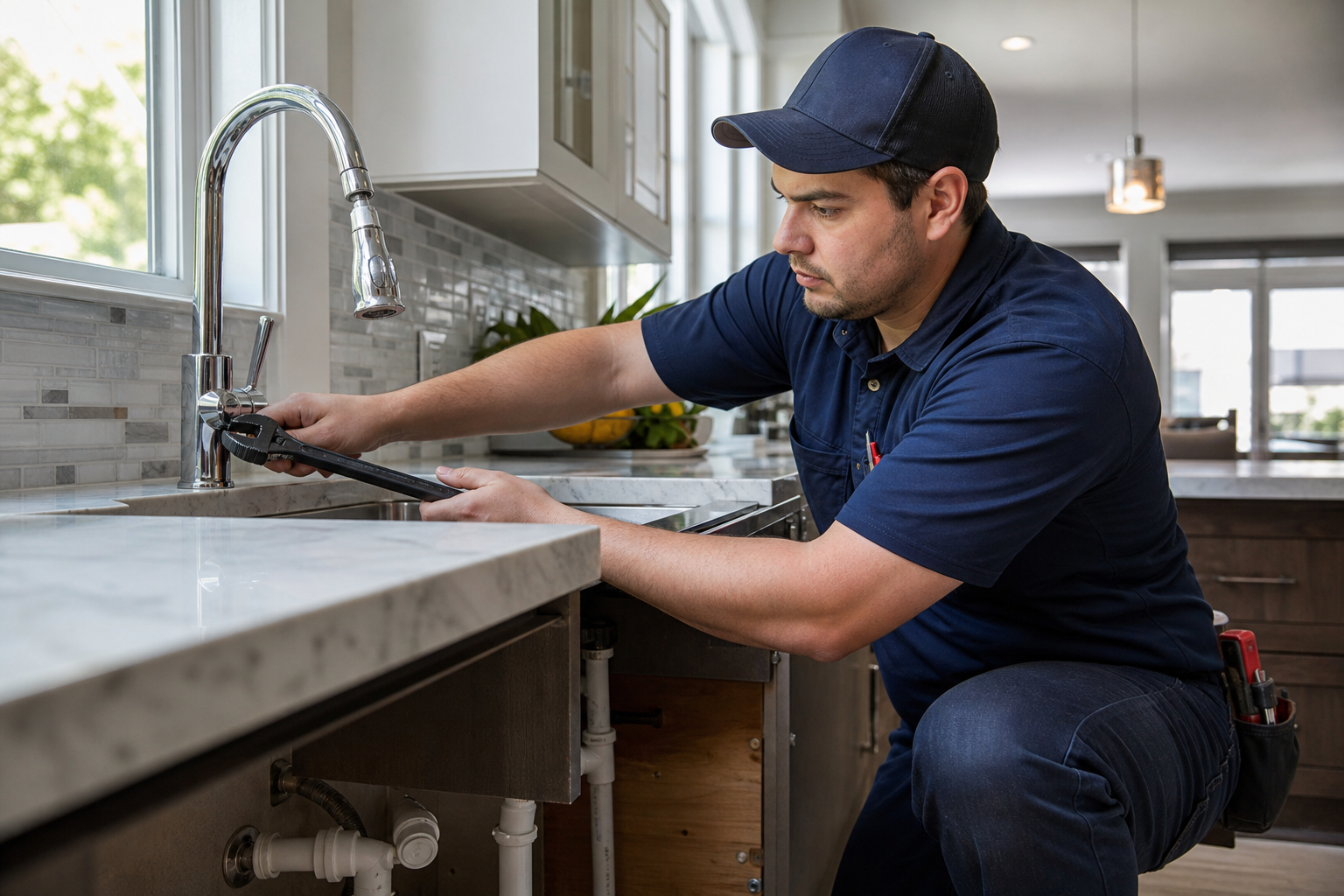 Licensed plumber repairing a dripping faucet in a Houston home
