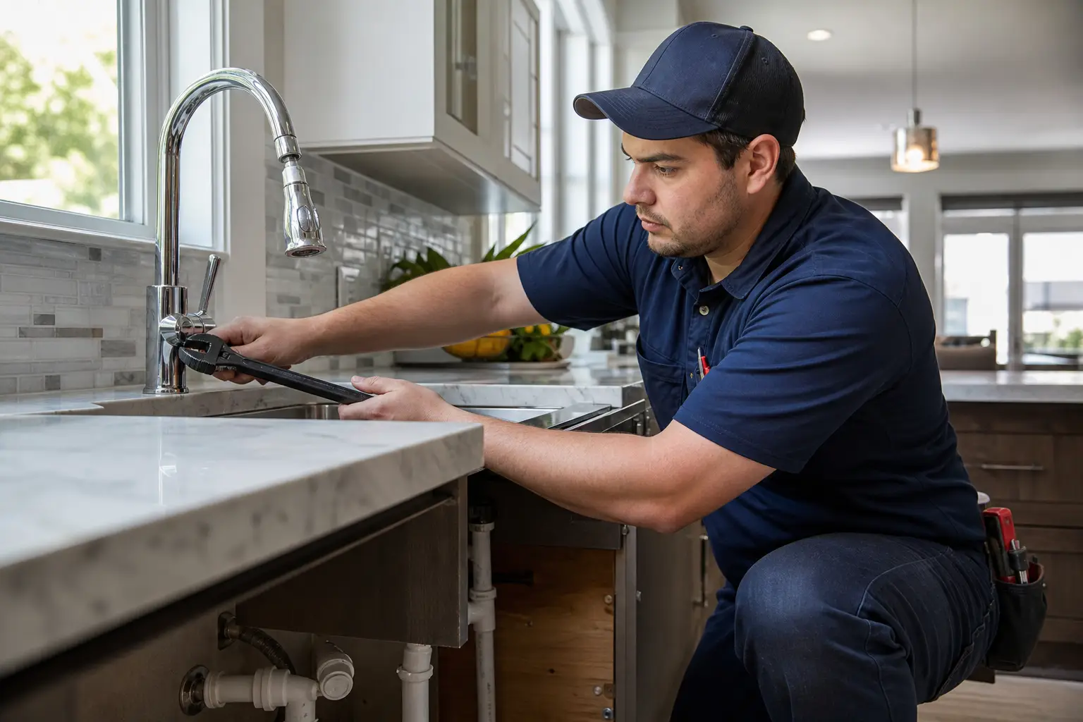 Licensed plumber repairing a dripping faucet in a Houston home