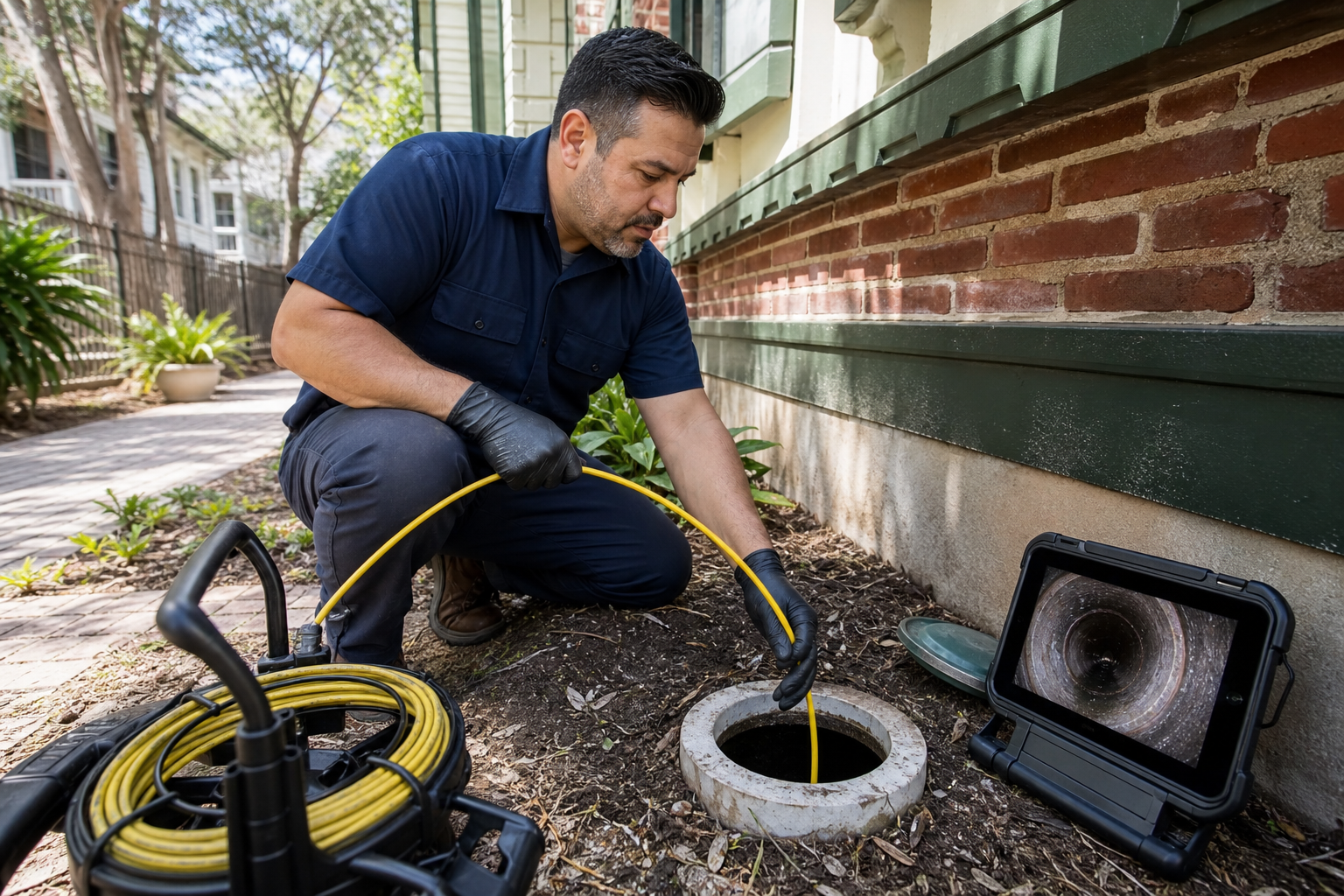 Licensed plumber performing an annual sewer camera inspection at a Houston home cleanout