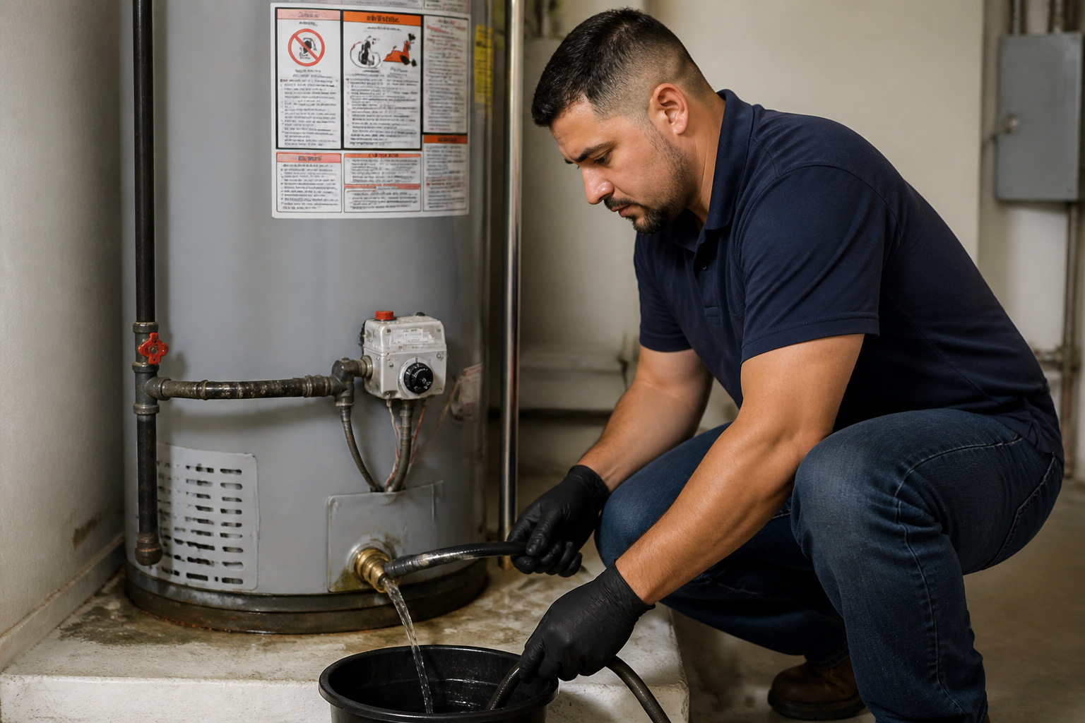 Plumber performing water heater maintenance and tank flush in a Houston home