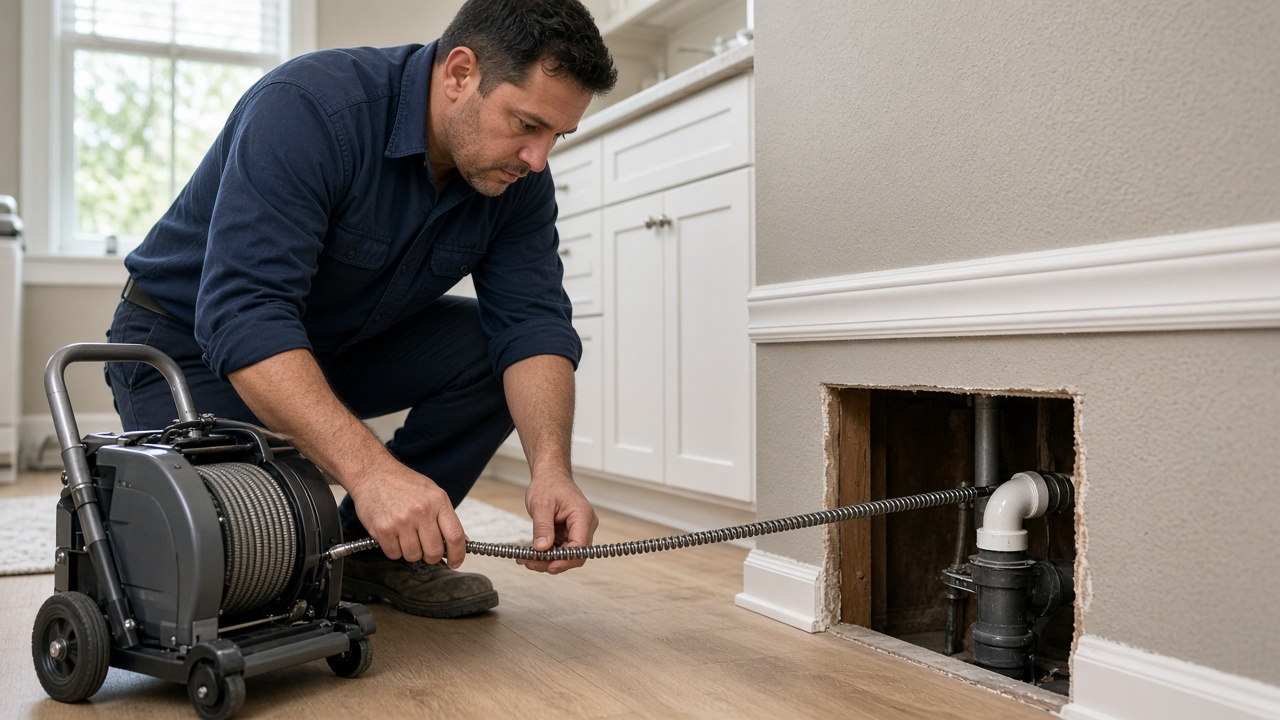 Plumber using a drain snake cable machine to clear a localized clog in a Houston home