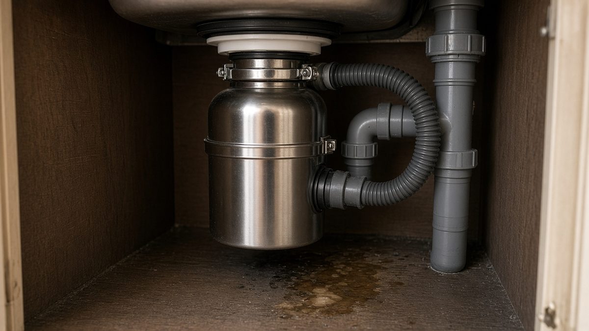 Garbage disposal unit under a kitchen sink with plumbing connections that may leak