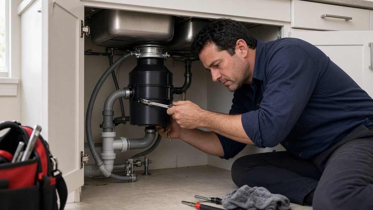 Licensed Nick's Plumbing technician repairing a garbage disposal under a Houston kitchen sink