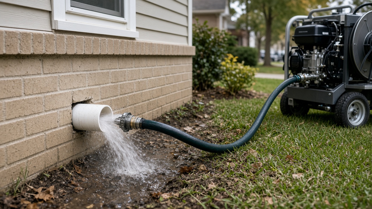 Hydro jetting cleaning grease and debris from a Houston sewer line with high-pressure water