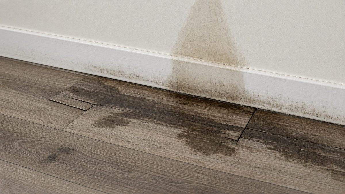 Water-stained flooring and baseboard in a Houston home, a possible sign of a drain leak under the slab