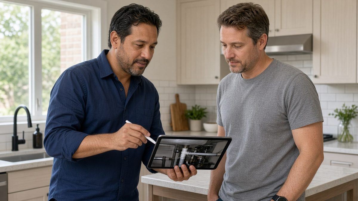 Nick's Plumbing technician reviewing hydrostatic leak test results with a Houston homeowner