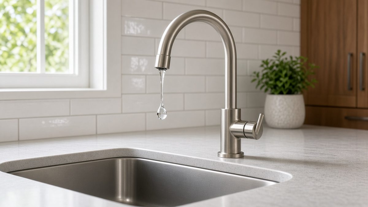 Brushed nickel kitchen faucet dripping water into a sink in a Houston home