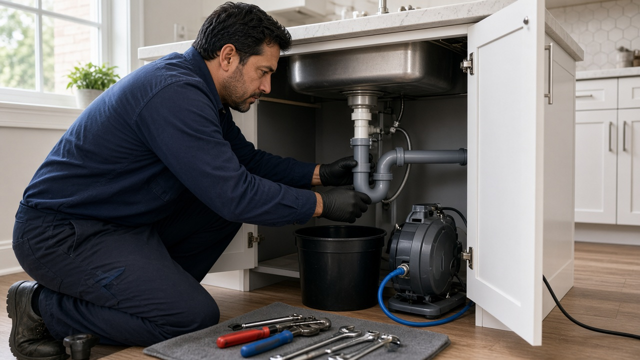 Licensed plumber cleaning a kitchen sink drain in a Houston home