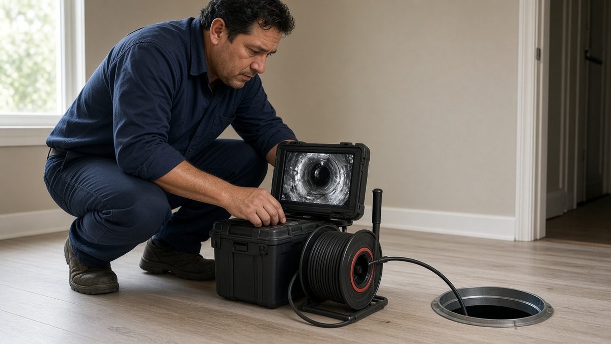 Licensed plumber performing a camera plumbing inspection at a Houston home
