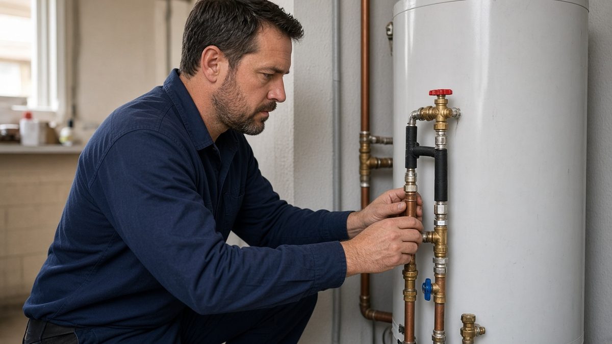 Nick's Plumbing technician inspecting a residential water heater and supply connections in Houston