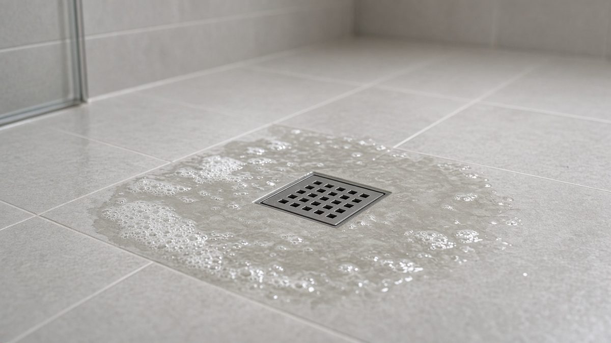 Shower drain with standing soapy water from a clog needing professional shower repair in Houston