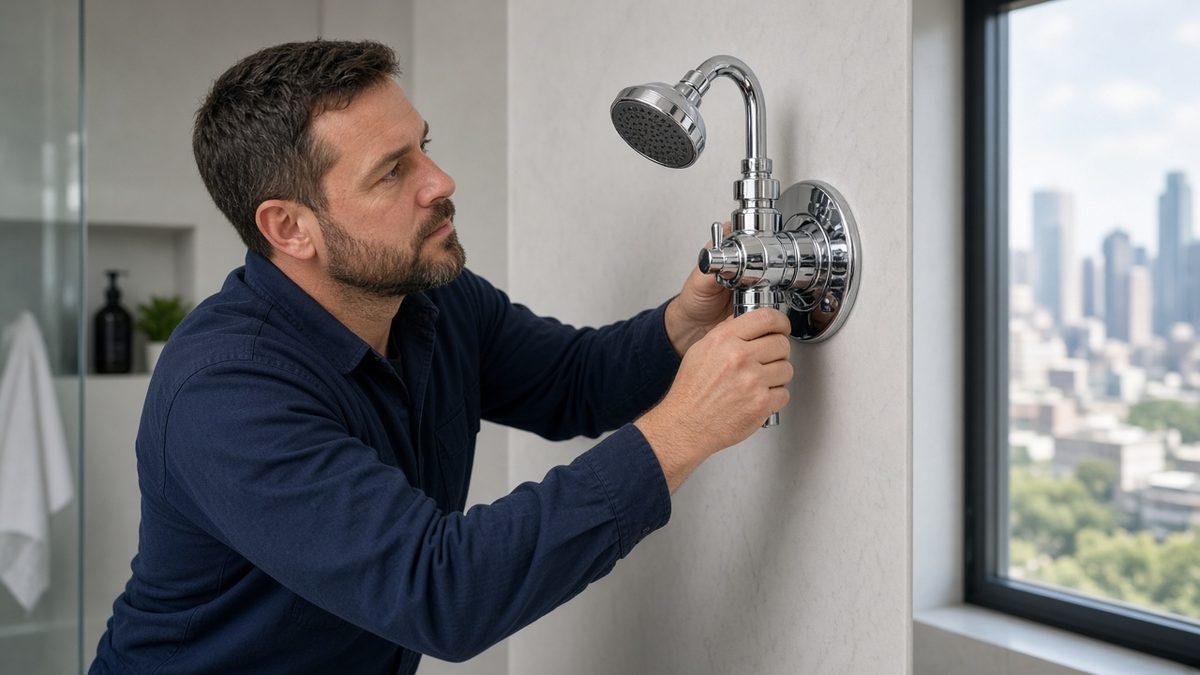 Licensed Nick's Plumbing technician repairing a shower faucet valve in a Houston bathroom