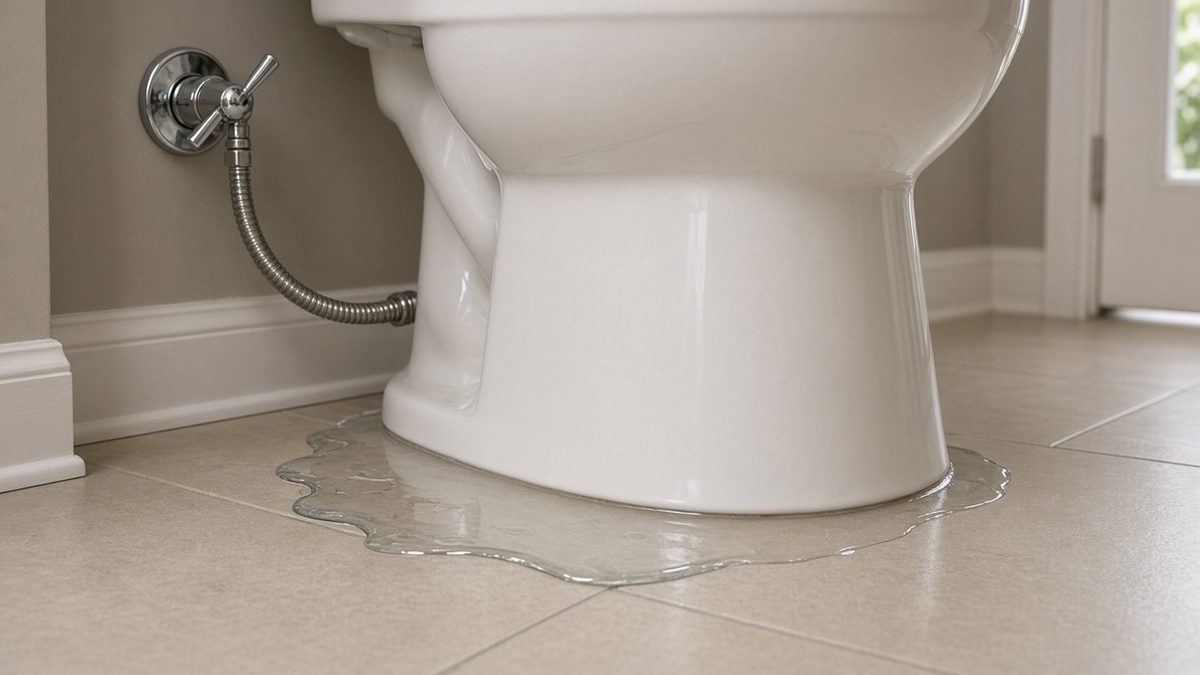 Water puddle around the base of a toilet in a Houston bathroom needing leak repair