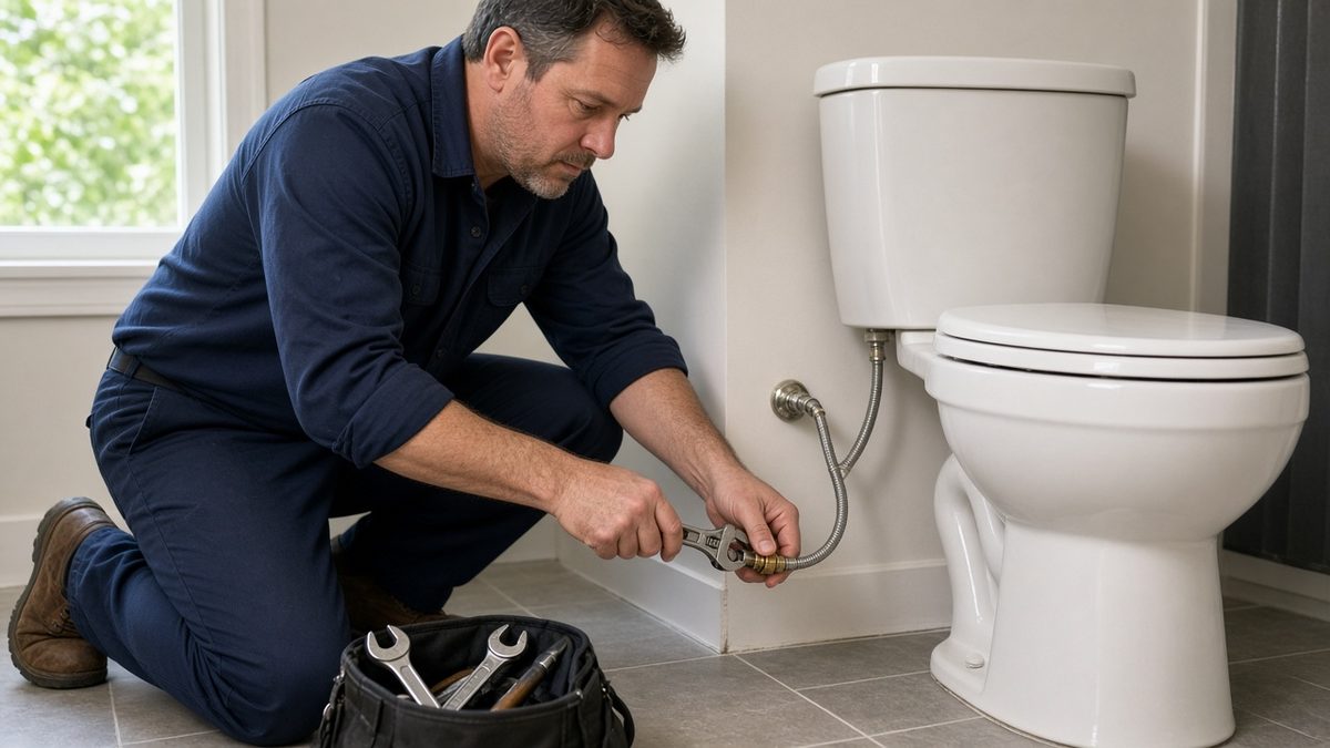 Licensed Nick's Plumbing technician performing toilet repair in a Houston bathroom