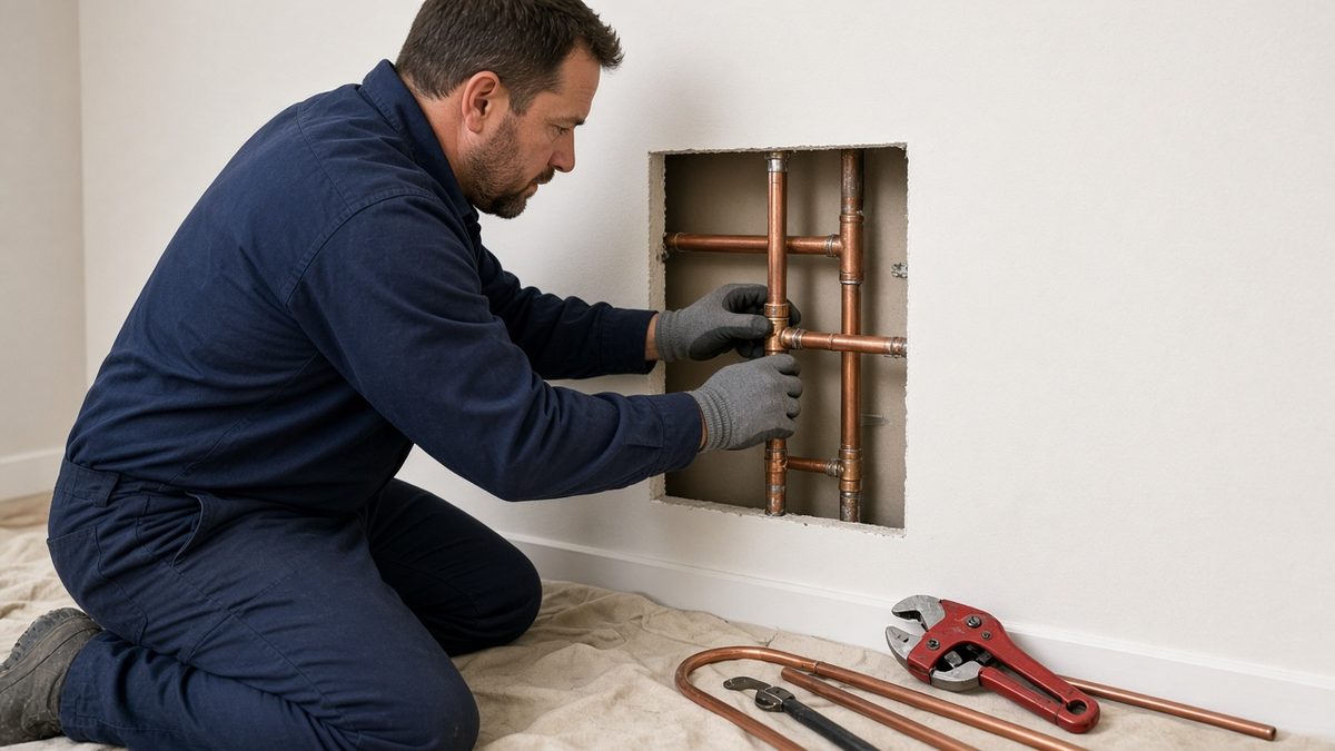 Nick's Plumbing technician repairing a leaking copper water supply pipe through a wall opening in a Houston home