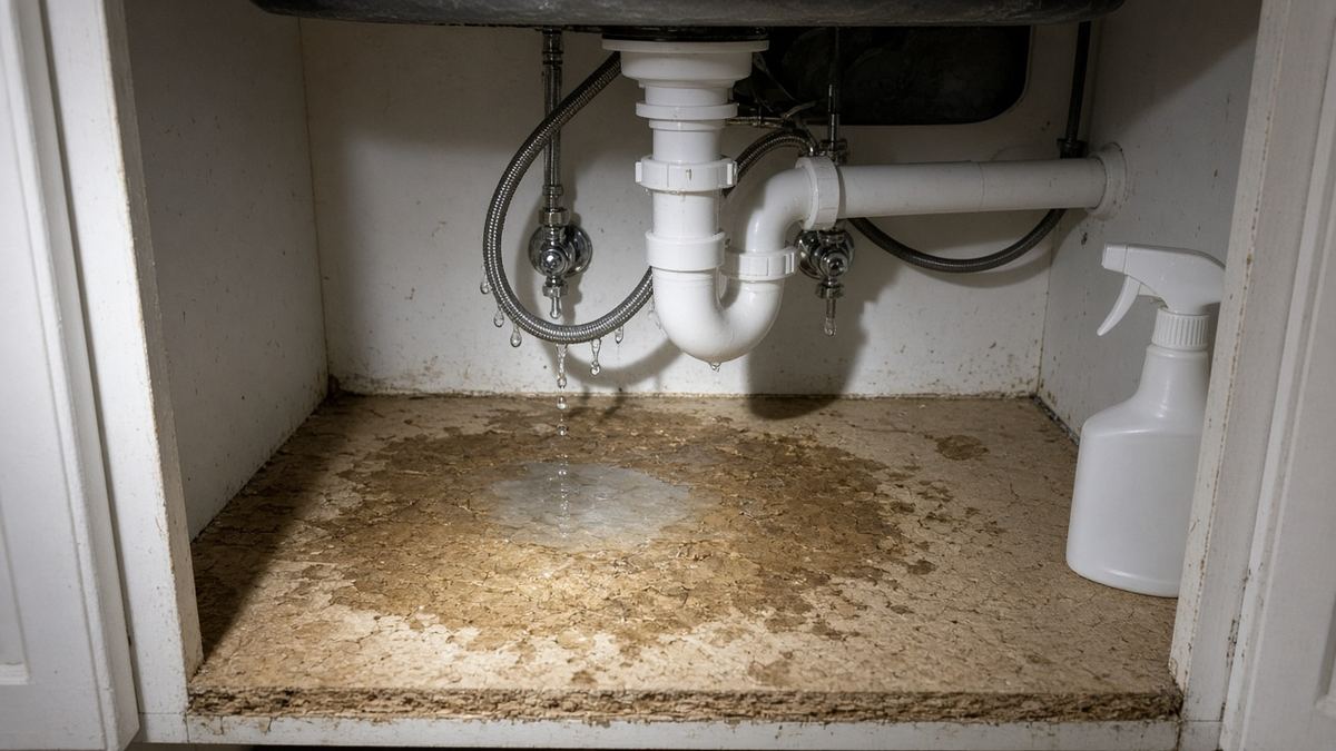 Leaking supply line dripping onto a water-damaged cabinet floor under a kitchen sink in a Houston home