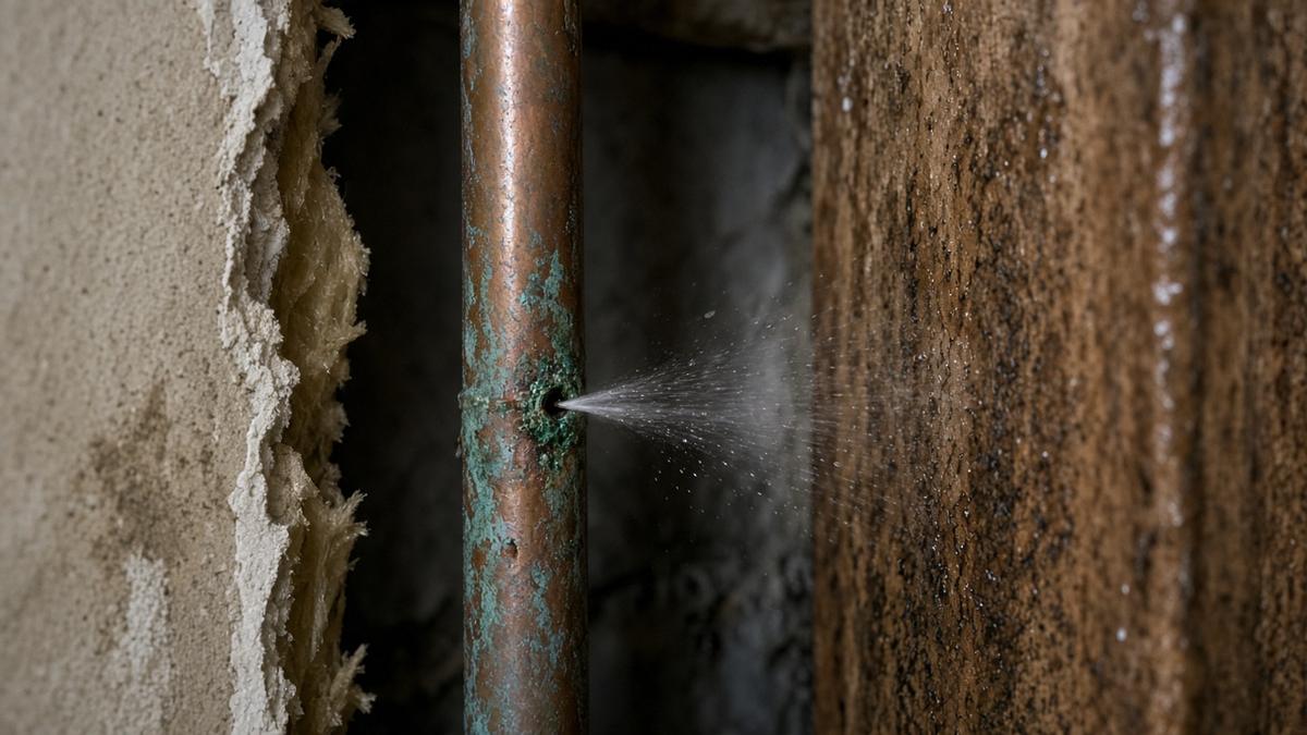 Corroded copper water line with a pinhole leak spraying inside a wall in a Houston home