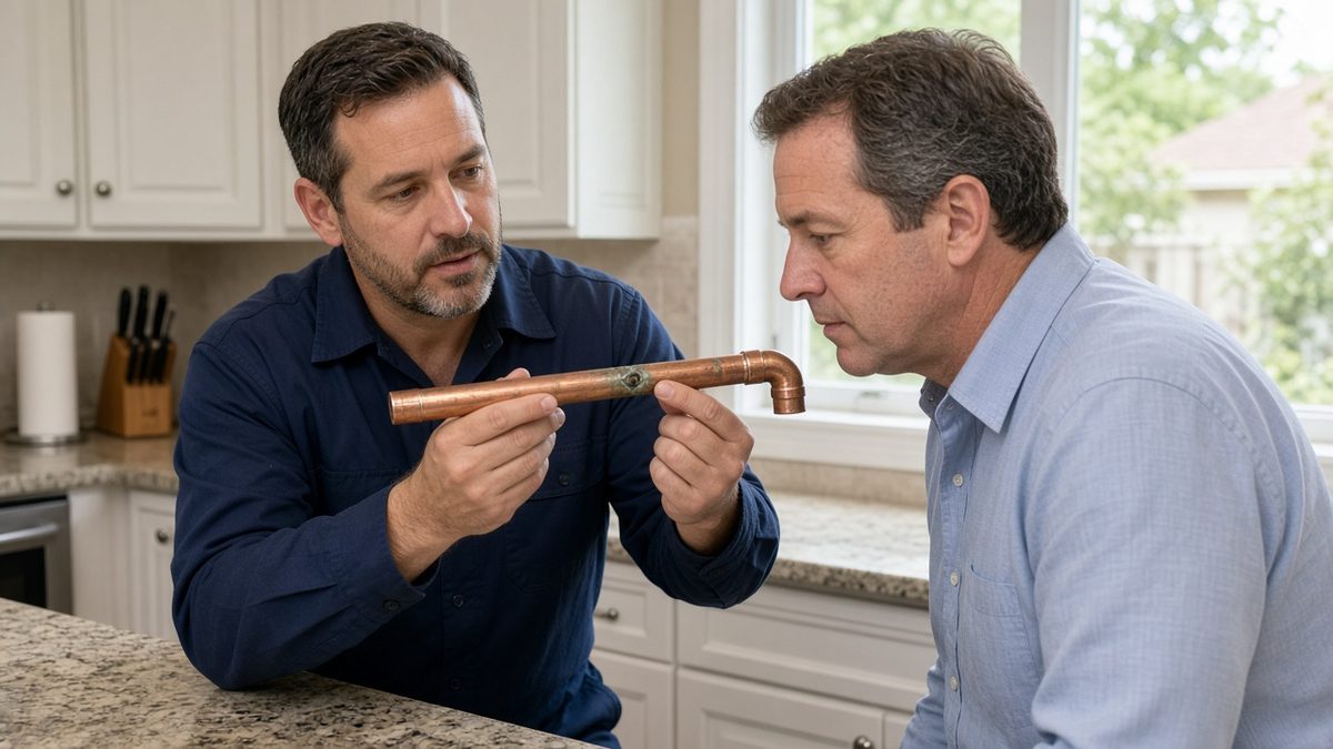 Nick's Plumbing technician showing a Houston homeowner a corroded section of copper water line