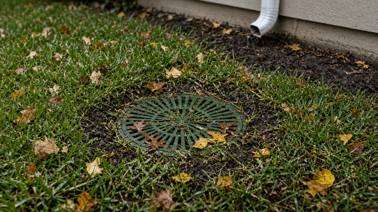 Outdoor yard drain grate partially covered with fallen leaves in a Houston yard