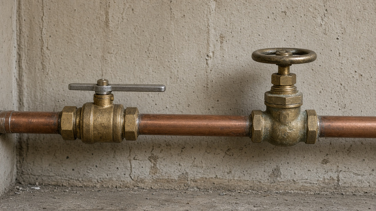 Ball valve with a lever handle next to a gate valve with a round wheel on copper water pipe