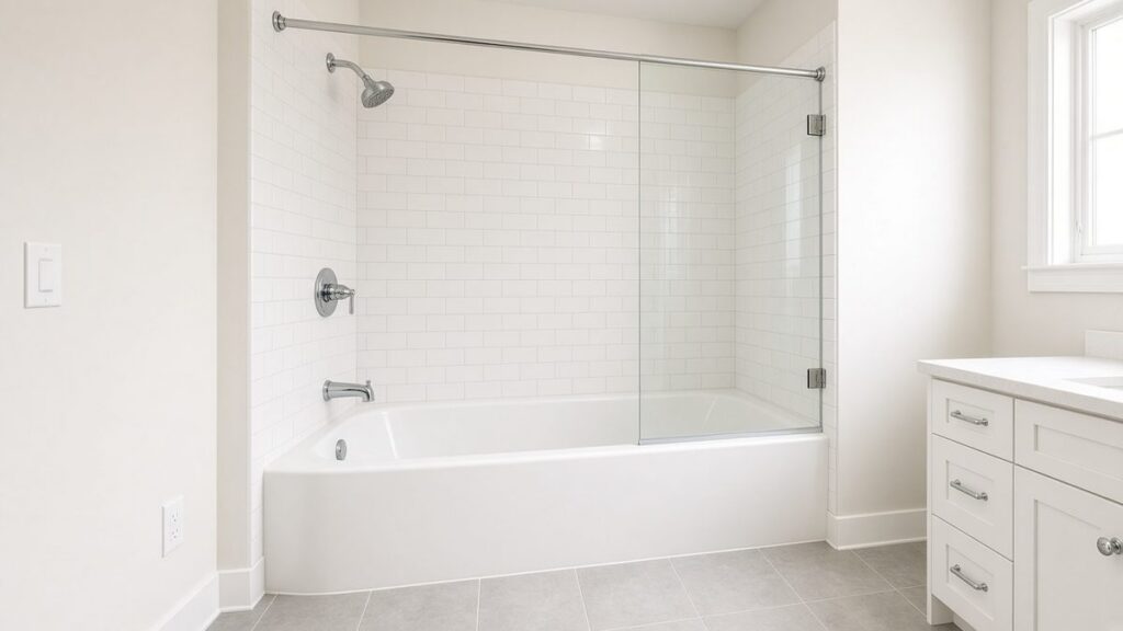 New white alcove bathtub with subway tile surround in a remodeled Houston bathroom