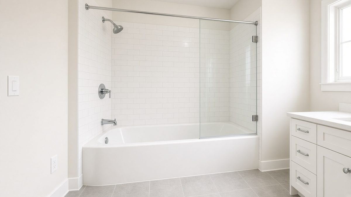 New white alcove bathtub with subway tile surround in a remodeled Houston bathroom