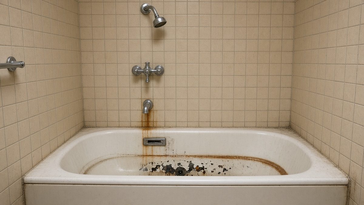 Old chipped and rust-stained bathtub in a dated Houston bathroom ready for replacement