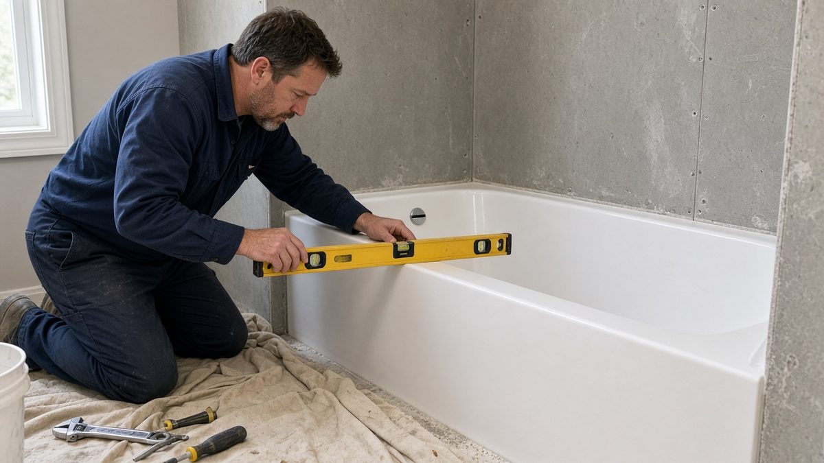 Nick's Plumbing technician leveling a new white alcove bathtub during installation in a Houston bathroom