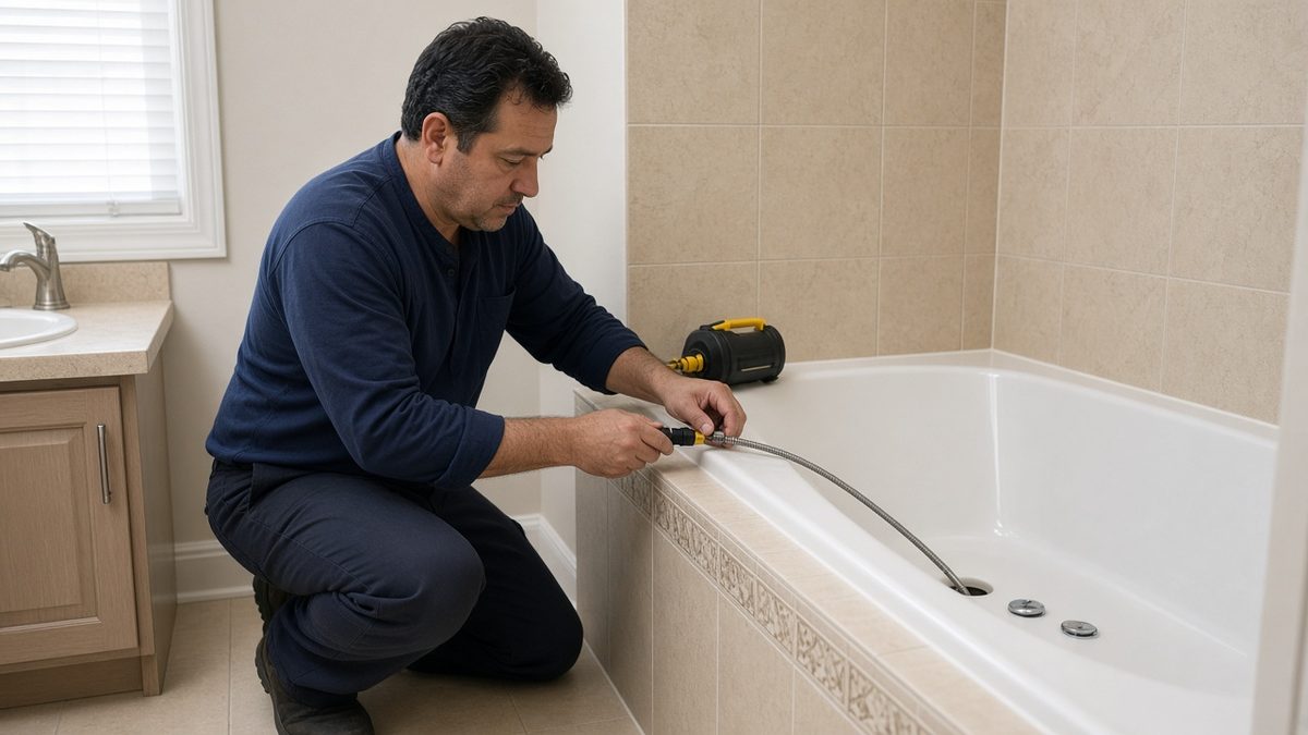 Nick's Plumbing technician clearing a clogged bathtub drain with a drain auger in a Houston bathroom