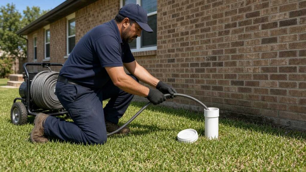 Nick's Plumbing technician running a sewer machine cable into an outdoor cleanout at a Houston home