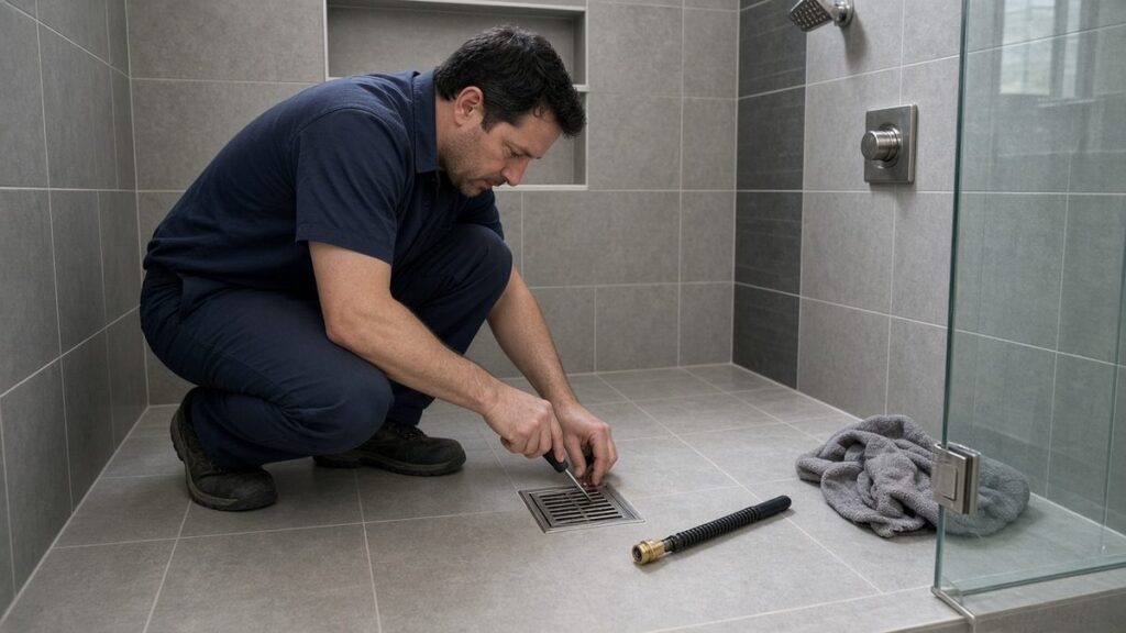 Nick's Plumbing technician removing a shower drain grate in a tiled walk-in shower