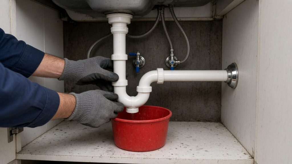 Nick's Plumbing technician removing a P-trap under a kitchen sink to clear a clog