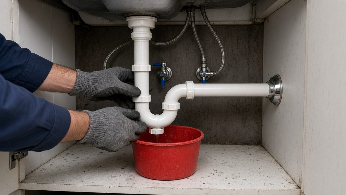 Nick's Plumbing technician removing a P-trap under a kitchen sink to clear a clog
