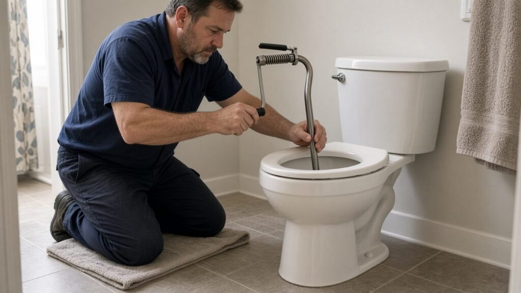 Nick's Plumbing technician using a closet auger to clear a clogged toilet
