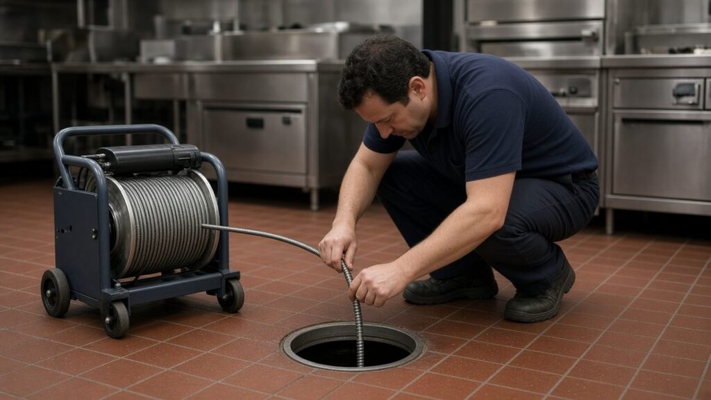 Nick's Plumbing technician feeding a drain cable into the top of a kitchen floor cleanout