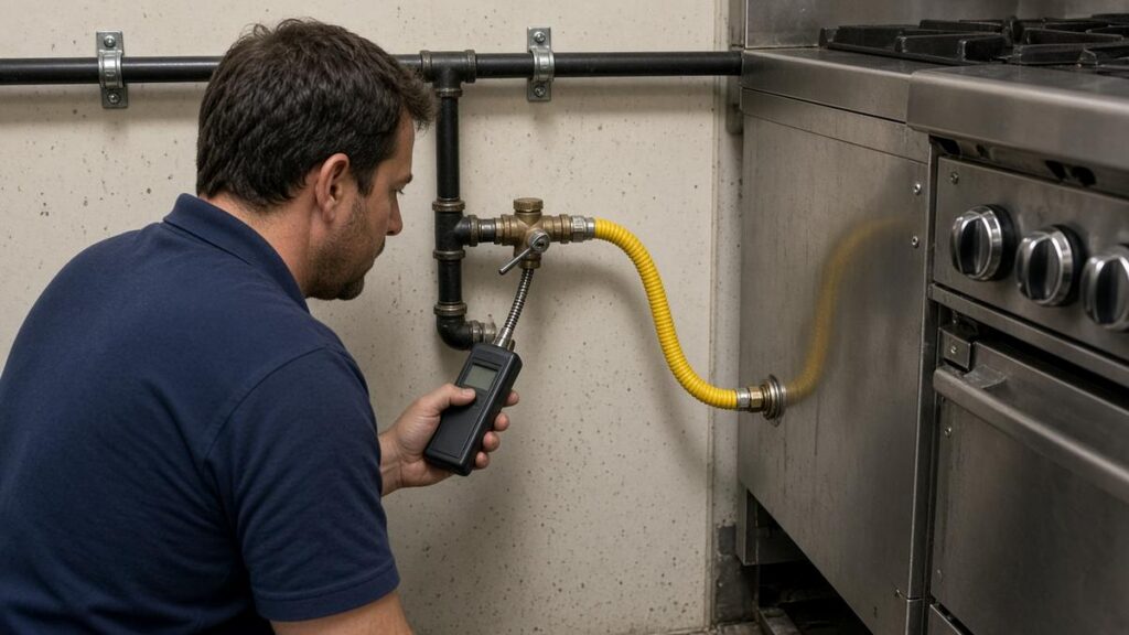 Nick's Plumbing technician checking a black iron gas manifold with an electronic detector